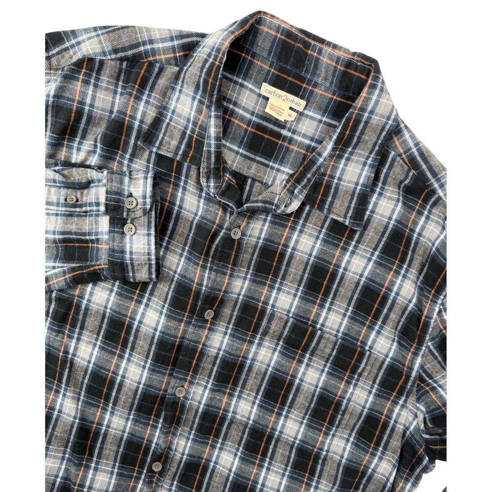 Carbon2Cobalt‎ Mens XL Plaid Flannel Button Down Shirt Blue Black Orange Cotton